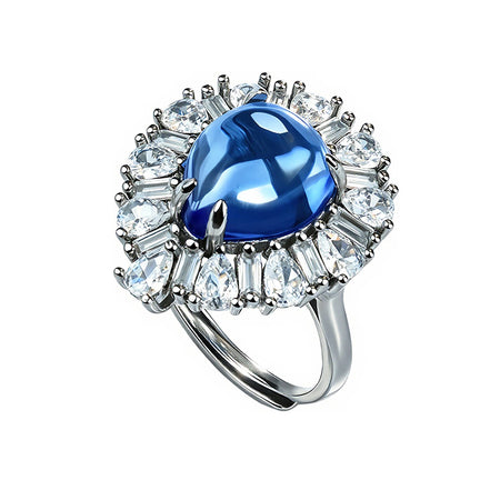 Deep Blue Teardrop Sunburst Zircon Ring