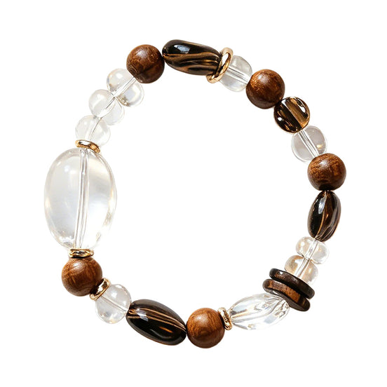 Clear Quartz & Smoky Quartz Wood Spacer Bracelet