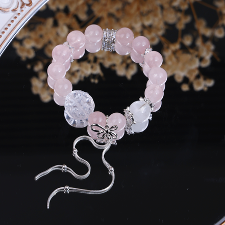 Dainty Pink Quartz Silver Butterfly Detail Slide Wrist Bracelet/CR-D55Q60