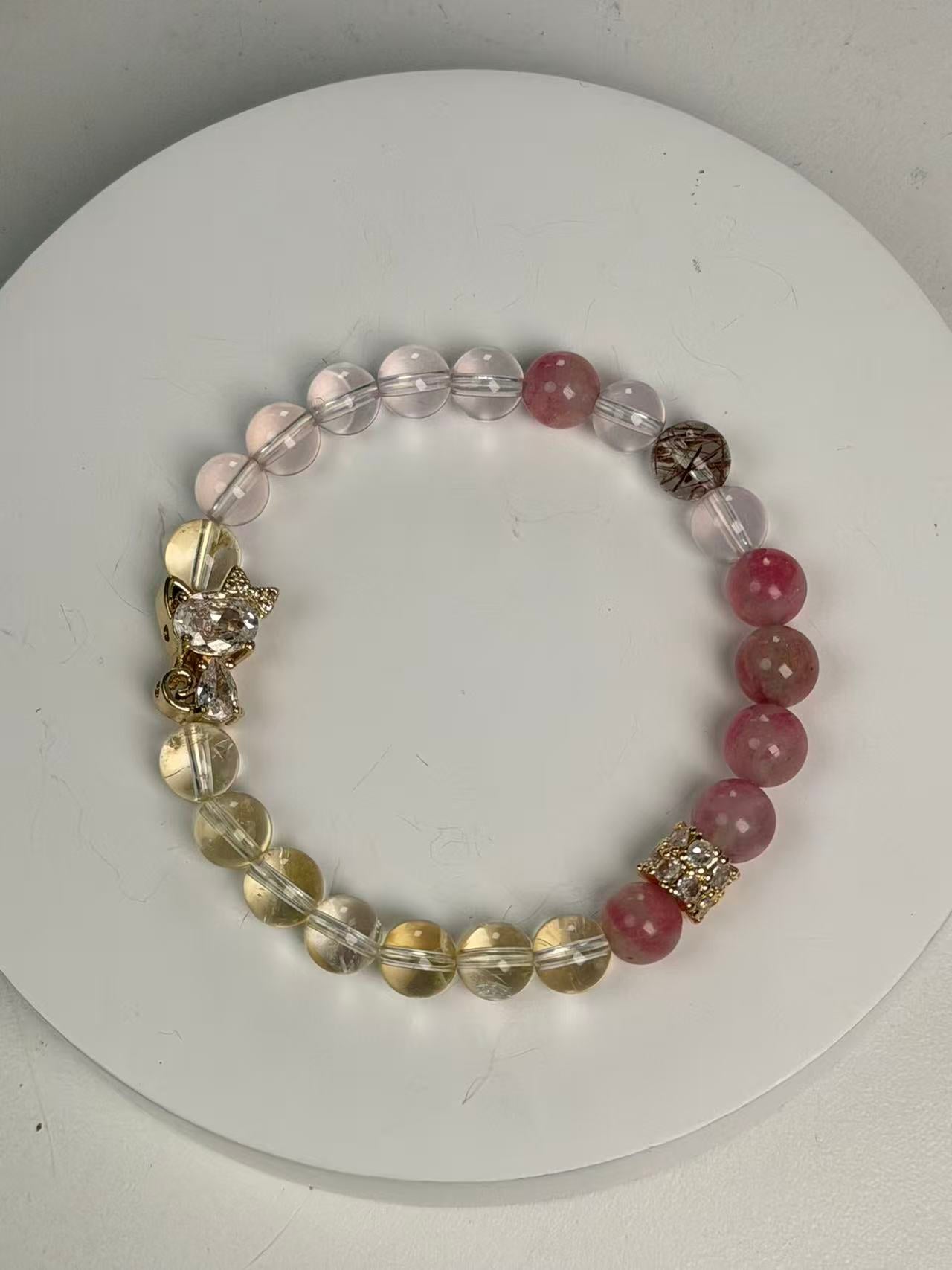 Rose Quartz Rutilated Quartz Cat Multi-Stone Bracelet/CR-D55Q51