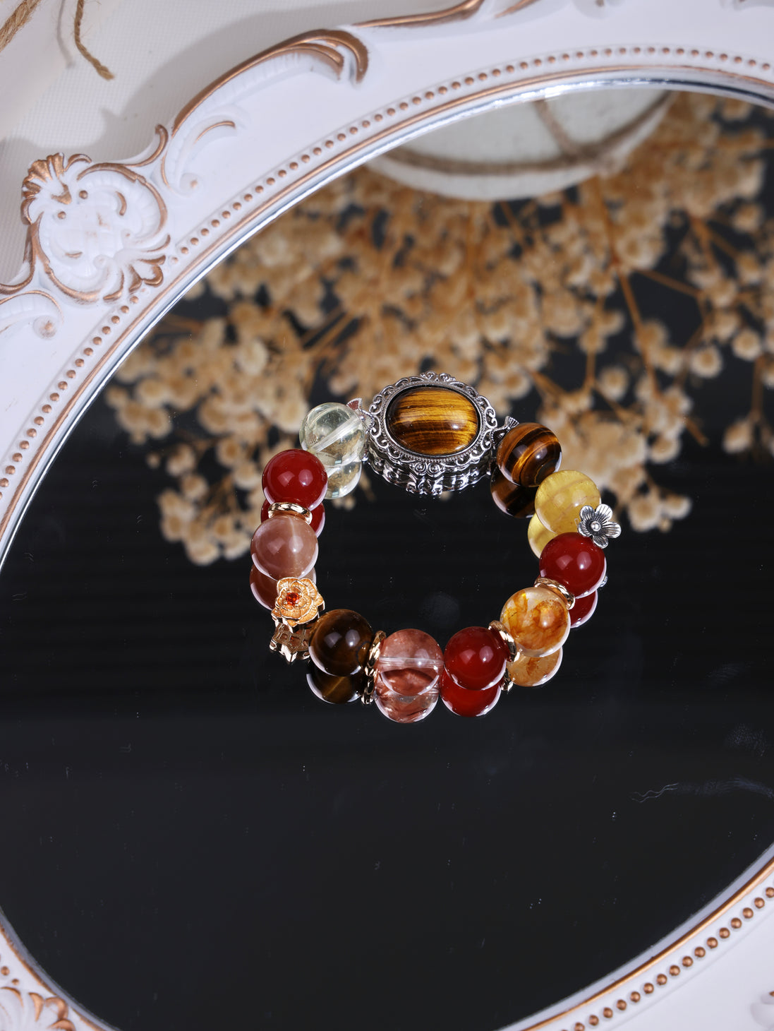 Tiger Eye Red Agate Mixed Crystal Floral Accent Bracelet/CR-D85Q81