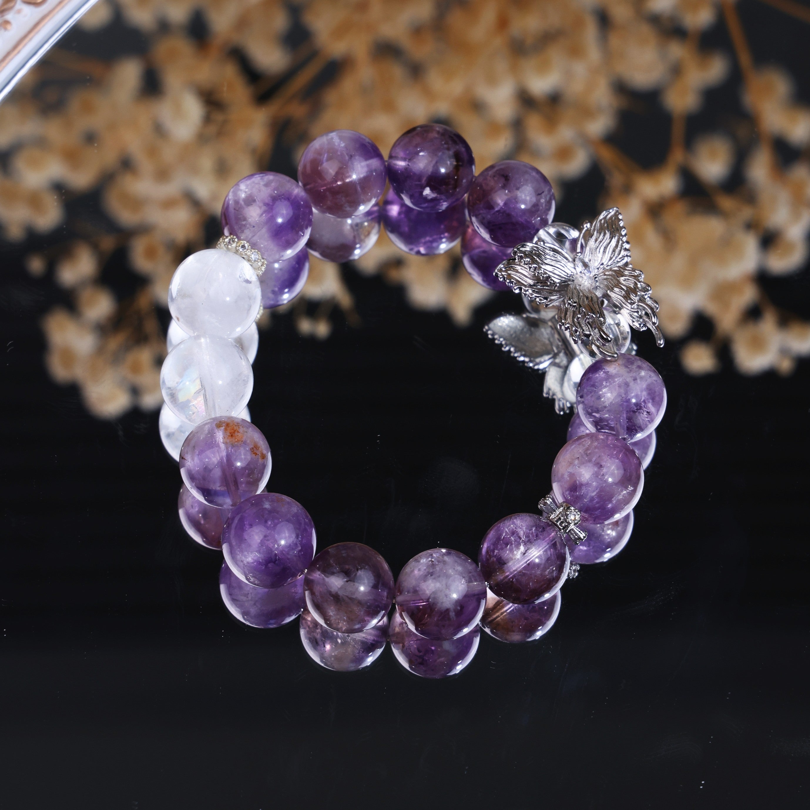 Dainty Purple Crystal Butterfly Accent Beaded Wrist Bracelet/CR-D65Q70
