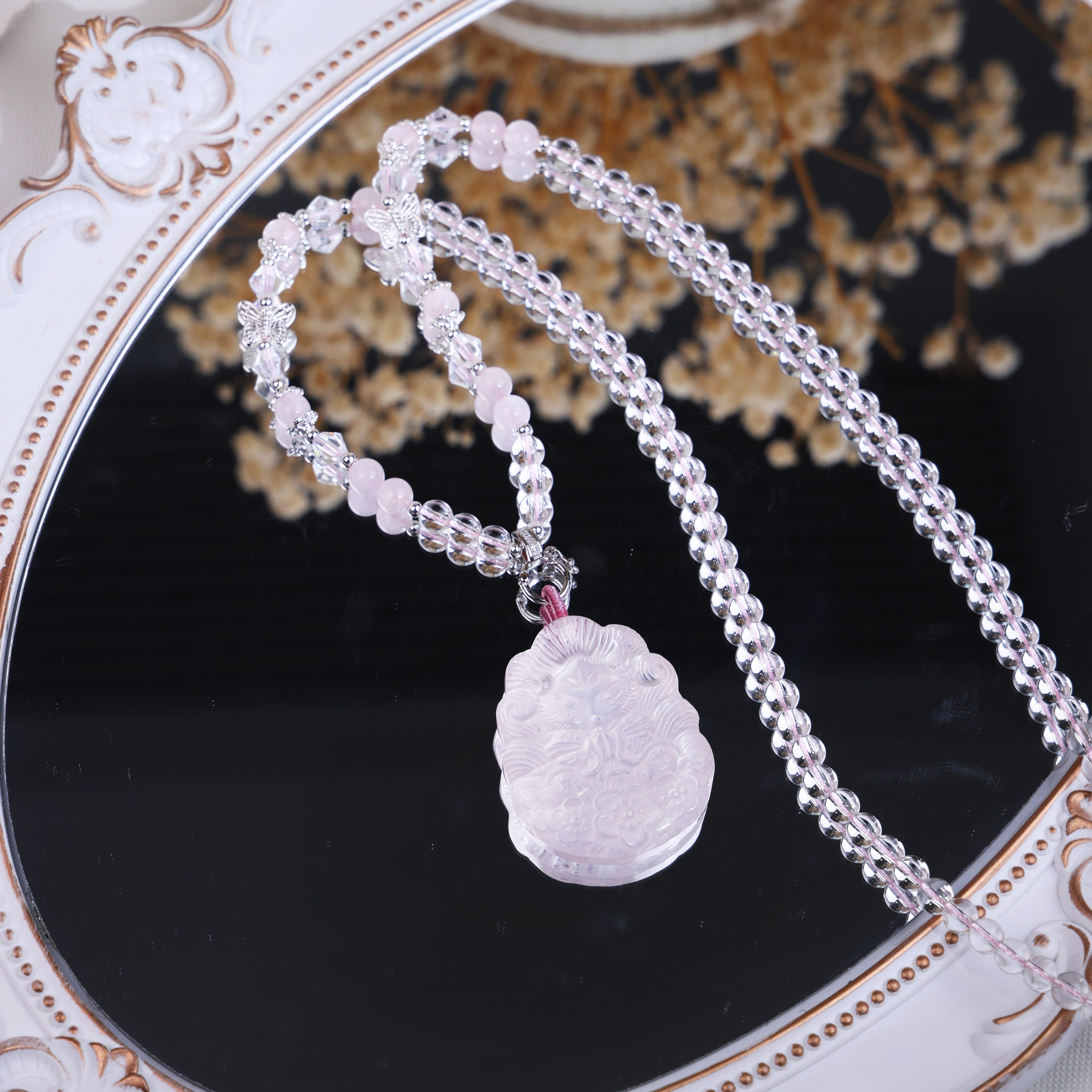 Natural Rose Quartz Fox Pendant Beaded Necklace/CR-D87Q128