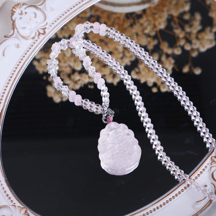 Natural Rose Quartz Fox Pendant Beaded Necklace/CR-D87Q128