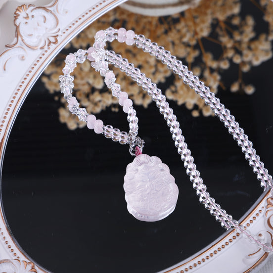Natural Rose Quartz Fox Pendant Beaded Necklace/CR-D87Q128