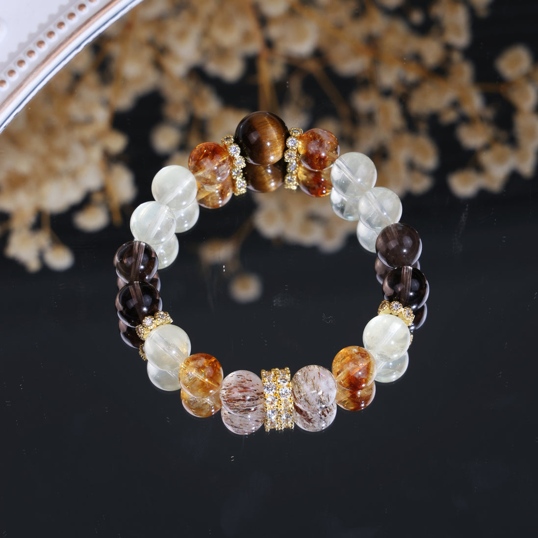 Natural Black Gold Super Seven Yellow Tourmaline Lemon Quartz Beaded Bracelet/CR-D84Q33