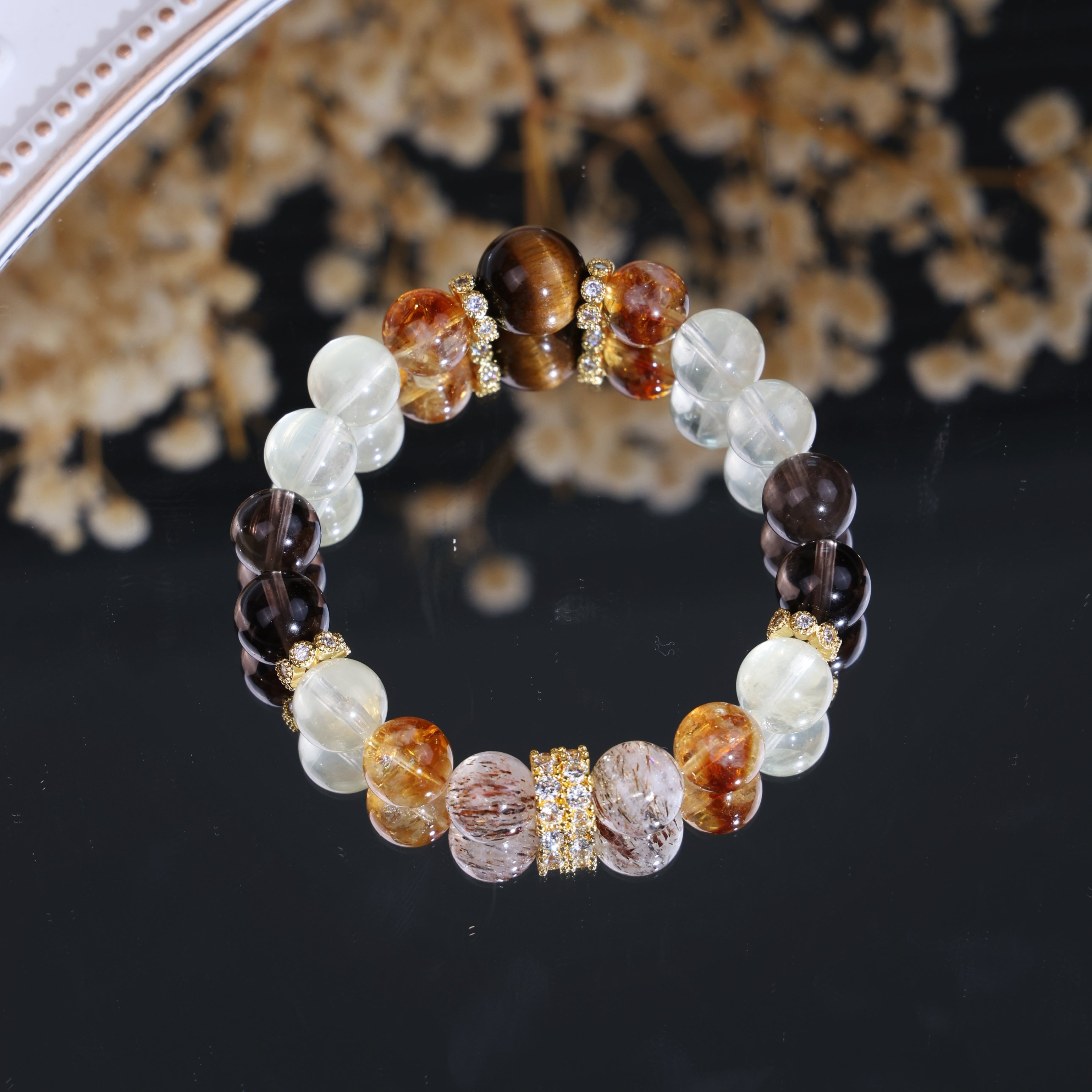 Natural Black Gold Super Seven Yellow Tourmaline Lemon Quartz Beaded Bracelet/CR-D84Q33