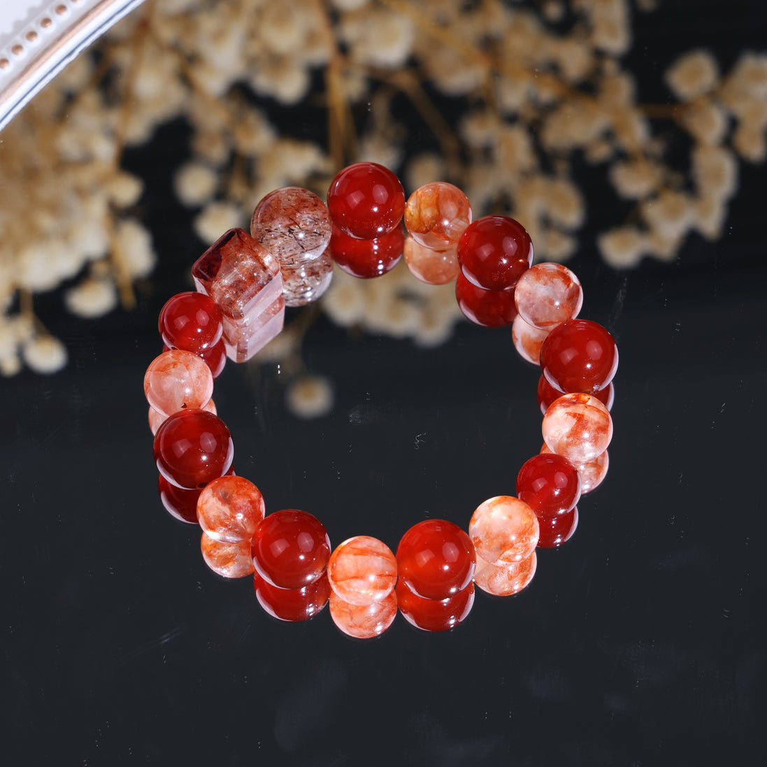 Natural Red Flower Crystal Red Agate Black Gold Super Seven Shell Bead Beaded Bracelet/CR-D54Q24