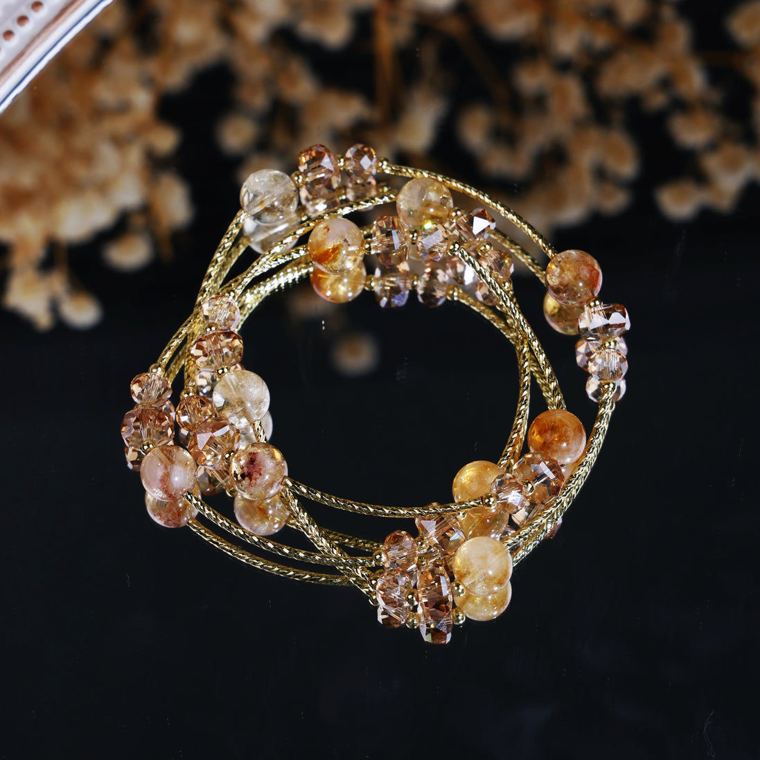 Natural Rutilated Quartz Multi Wrap Gold Bracelet/CR-D56Q69
