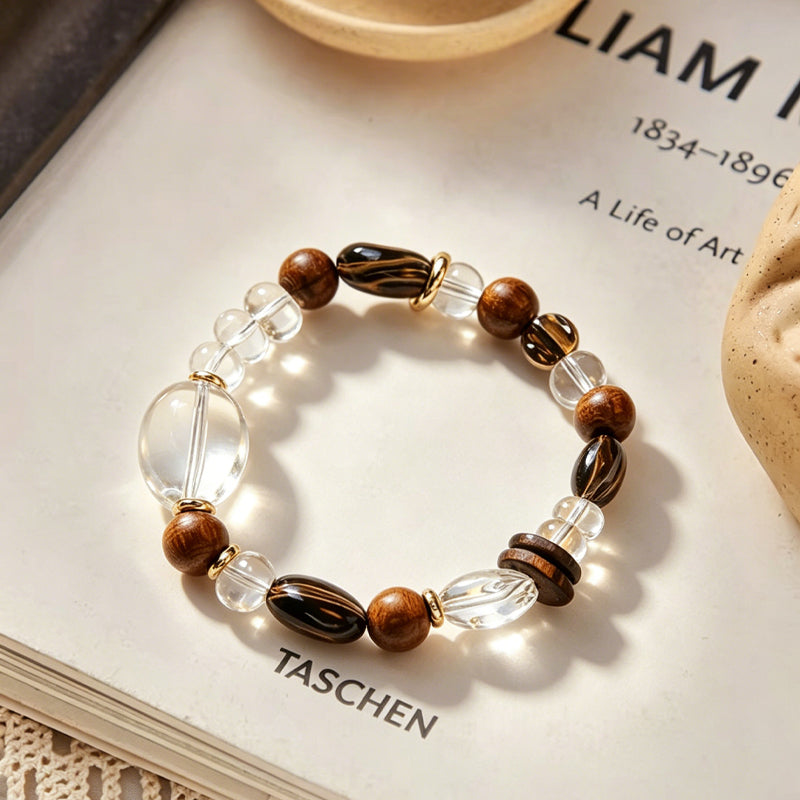 Clear Quartz & Smoky Quartz Wood Spacer Bracelet/CR-D85Q56