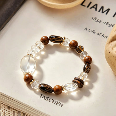 Clear Quartz & Smoky Quartz Wood Spacer Bracelet