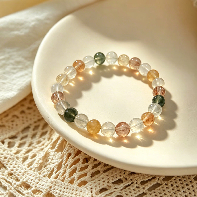 Multicolored beaded bracelet on a white plate with a textured surface