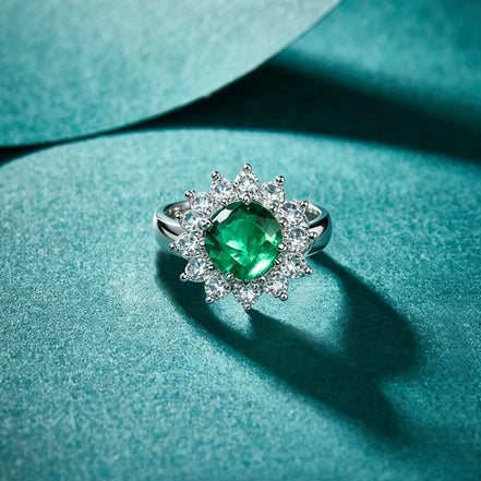 Emerald Sunburst Zircon Ring