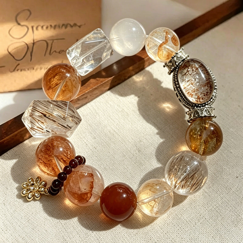 Yellow Floral Quartz, Red Floral Quartz & Black Super Seven Charm Bracelet/CR-G801Q269