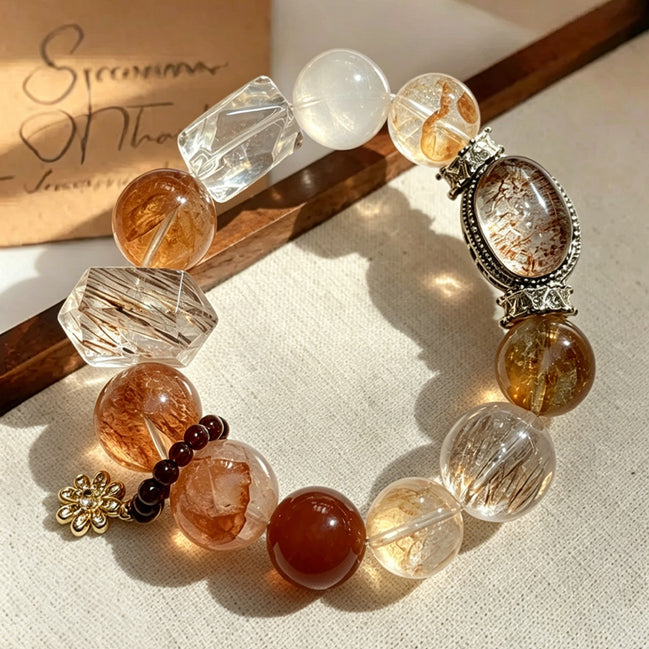 Yellow Floral Quartz, Red Floral Quartz & Black Super Seven Charm Bracelet/CR-G801Q269
