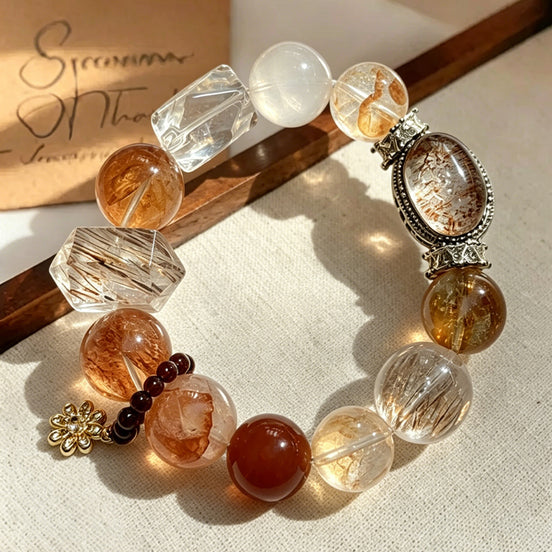 Yellow Floral Quartz, Red Floral Quartz & Black Super Seven Charm Bracelet