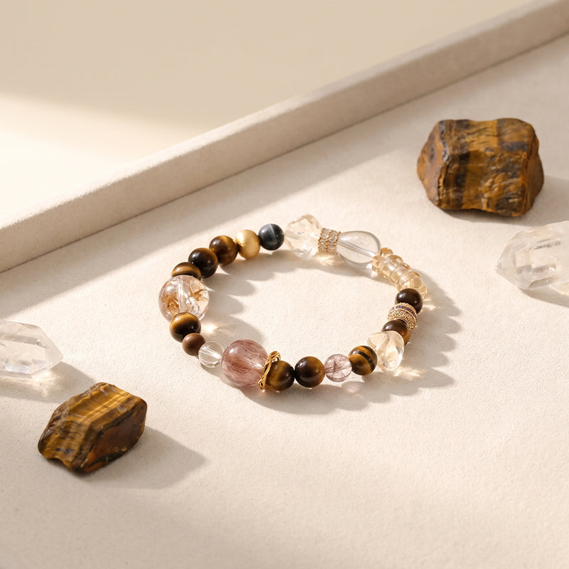 Golden Tiger Eye/Citrine&Black Super Seven 925 Sterling Silver Bracelet/CR-SB89Q199