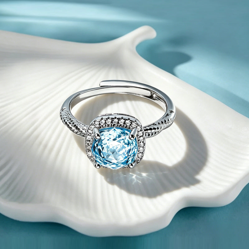 Aqua Cushion Double Halo Zircon Ring