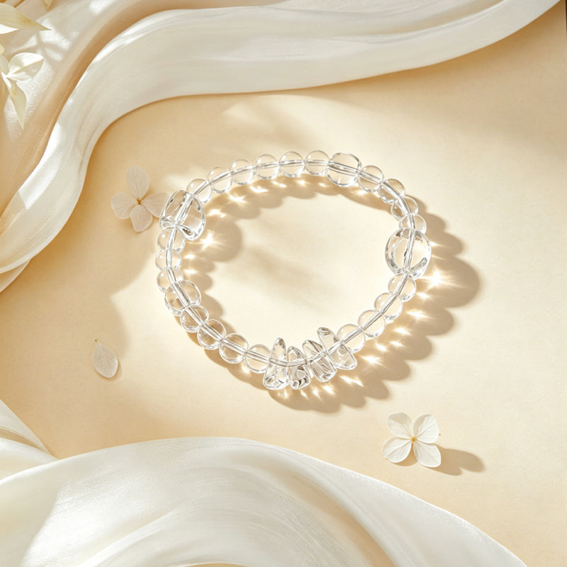 Clear beaded bracelet on a beige fabric background with white flowers