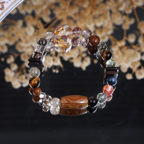 Rutilated Quartz Tiger Eye Wooden Bead Stretch Bracelet/CR-D84Q50
