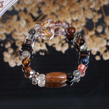 Rutilated Quartz Tiger Eye Wooden Bead Stretch Bracelet/CR-D84Q50