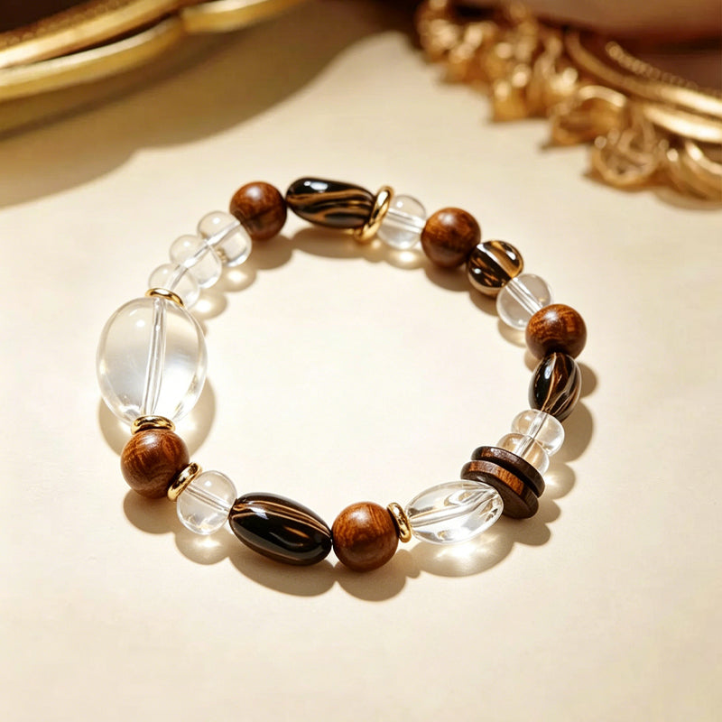 Clear Quartz & Smoky Quartz Wood Spacer Bracelet/CR-D85Q56