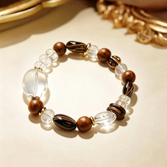 Clear Quartz & Smoky Quartz Wood Spacer Bracelet/CR-D85Q56