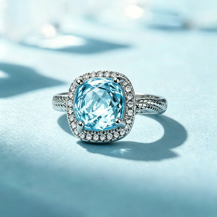 Aqua Cushion Double Halo Zircon Ring
