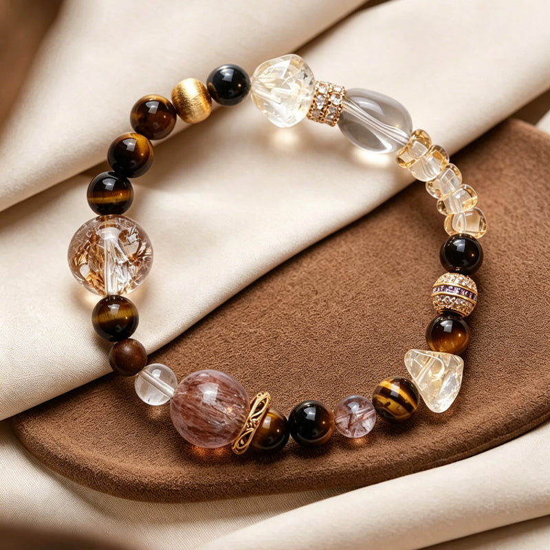 Golden Tiger Eye/Citrine&Black Super Seven 925 Sterling Silver Bracelet/CR-SB89Q199