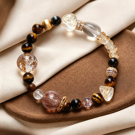 Golden Tiger Eye, Citrine & Black Super Seven 925 Sterling Silver Bracelet