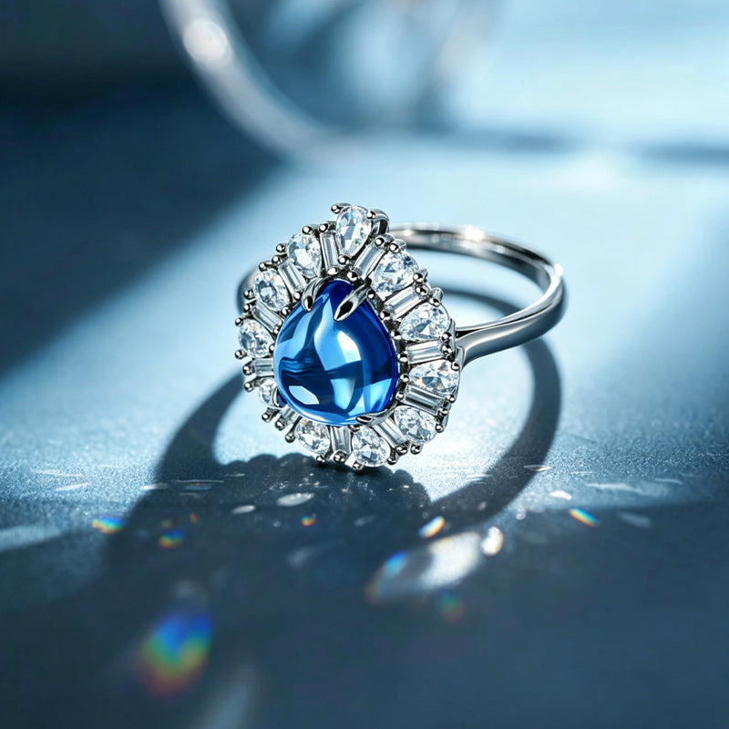 Deep Blue Teardrop Sunburst Zircon Ring
