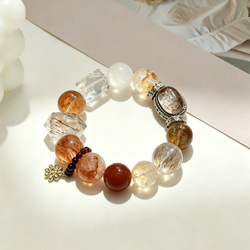 Yellow Floral Quartz, Red Floral Quartz & Black Super Seven Charm Bracelet/CR-G801Q269