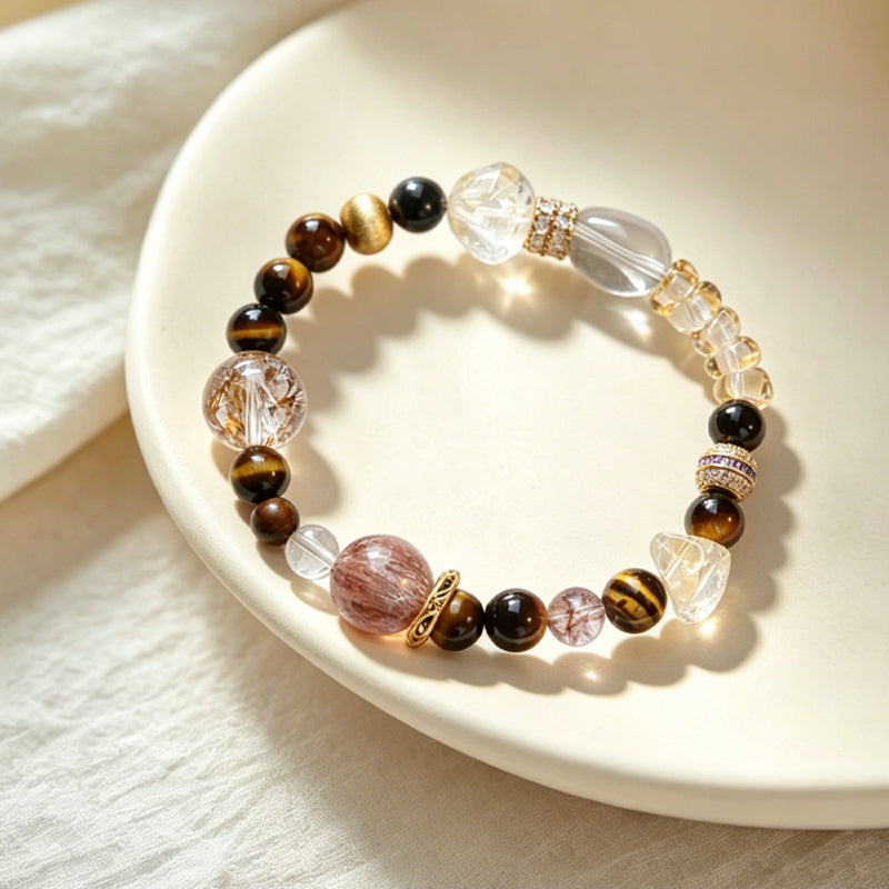 Golden Tiger Eye/Citrine&Black Super Seven 925 Sterling Silver Bracelet/CR-SB89Q199