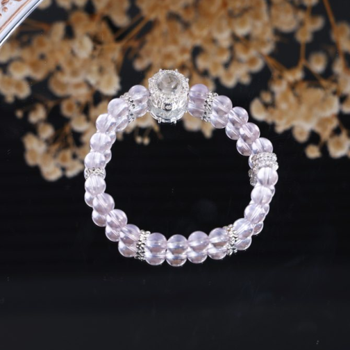 Solid Pink Crystal Focal Carved Bead Silver Detail Bracelet/CR-D94Q41