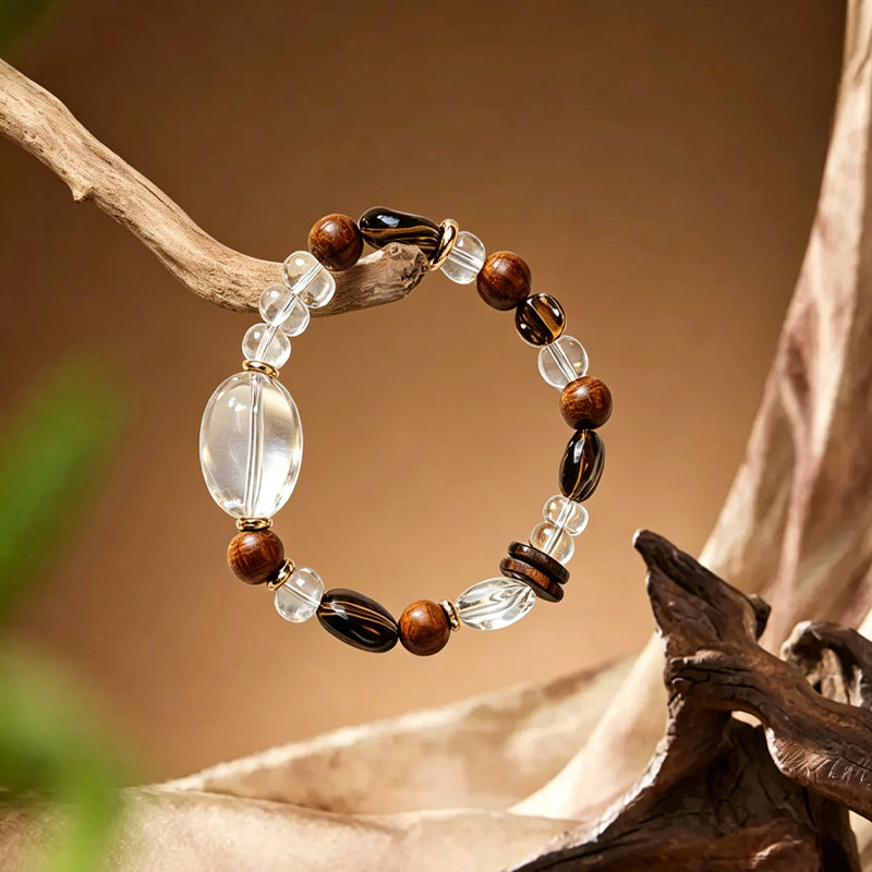 Clear Quartz & Smoky Quartz Wood Spacer Bracelet/CR-D85Q56