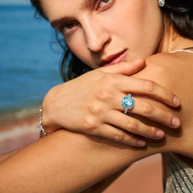 Aqua Cushion Double Halo Zircon Ring
