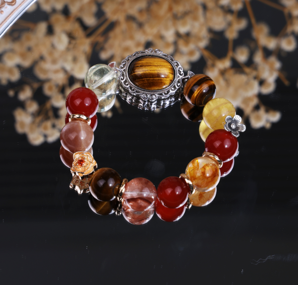 Tiger Eye Red Agate Mixed Crystal Floral Accent Bracelet/CR-D85Q81
