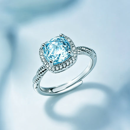 Aqua Cushion Double Halo Zircon Ring