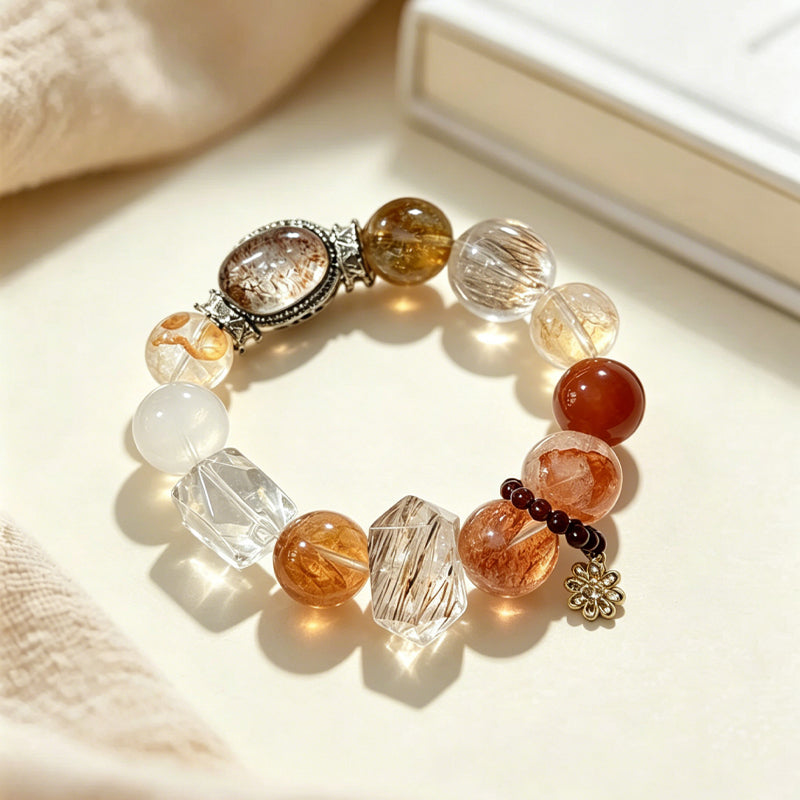 Yellow Floral Quartz, Red Floral Quartz & Black Super Seven Charm Bracelet/CR-G801Q269