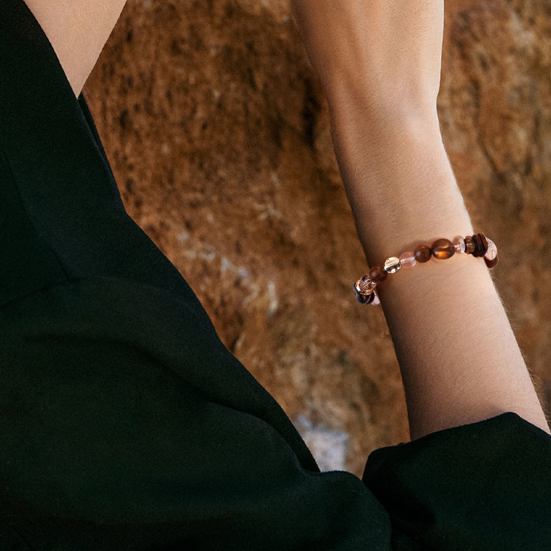 Clear Quartz & Smoky Quartz Wood Spacer Bracelet/CR-D85Q56