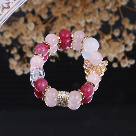 Rose Quartz Pigeon Blood Strawberry Quartz Gold Butterfly Bracelet/CR-D85Q83