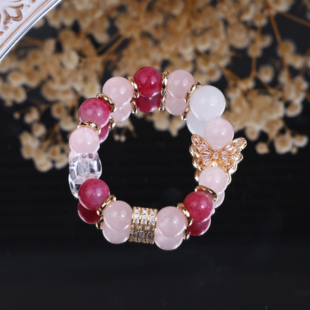 Rose Quartz Pigeon Blood Strawberry Quartz Gold Butterfly Bracelet/CR-D85Q83