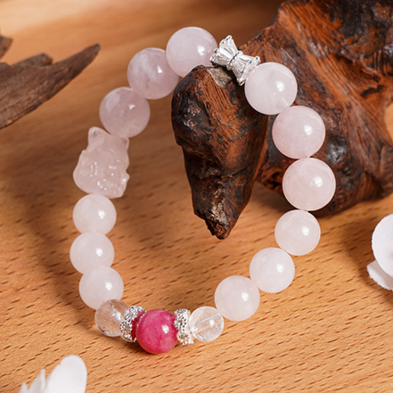 Natural Rose Quartz Red Rutilated Fox Charm Beaded Bracelet/CR-D94Q35